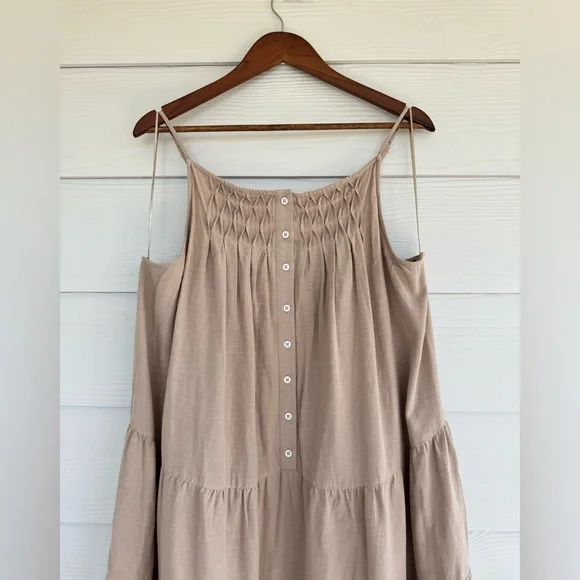 Elie Tahari Tiered Midi Dress Beige Pale Clay Button Front Side Pockets XL NWT Elie Tahari Tiered Midi Dress Beige Pale Clay Button Front Side Pockets XL NWT